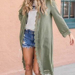 Tickled Teal Olive Duster with Crocheted Trim